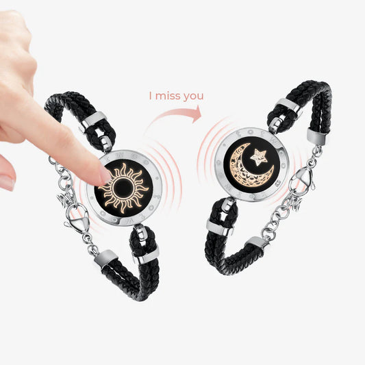 Sun & Moon Touch Bracelets (Braided Leather Rope Edition — Black + Black)