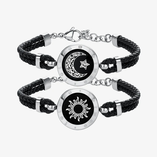 Sun & Moon Touch Bracelets (Braided Leather Rope Edition — Black + Black)