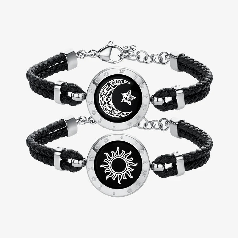 Sun & Moon Touch Bracelets (Braided Leather Rope Edition — Black + Black)
